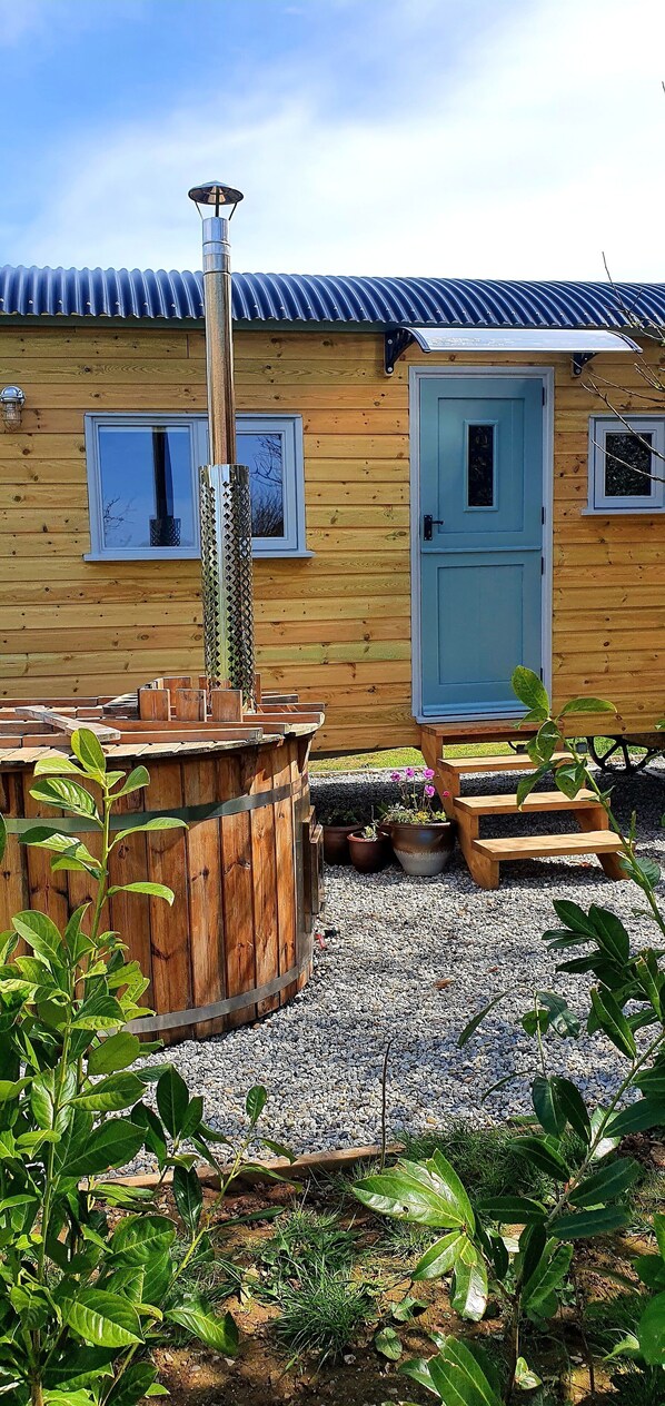 Una cabaña de madera con una puerta azul, una ventana y una chimenea de metal.