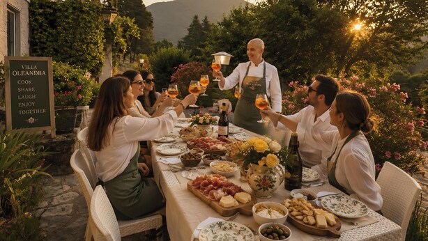 A group of people toasting at an outdoor table with a variety of food and drinks, surrounded by greenery and a sign that reads 'VILLA OLEANDRA COOK SHARE LAUGH ENJOY TOGETHER'. - Villa "Luxury Oleandra" with Private Pool, Big Garden and Barbecue (Dizzasco)