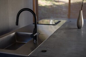 Fridge, microwave, cookware/dishes/utensils