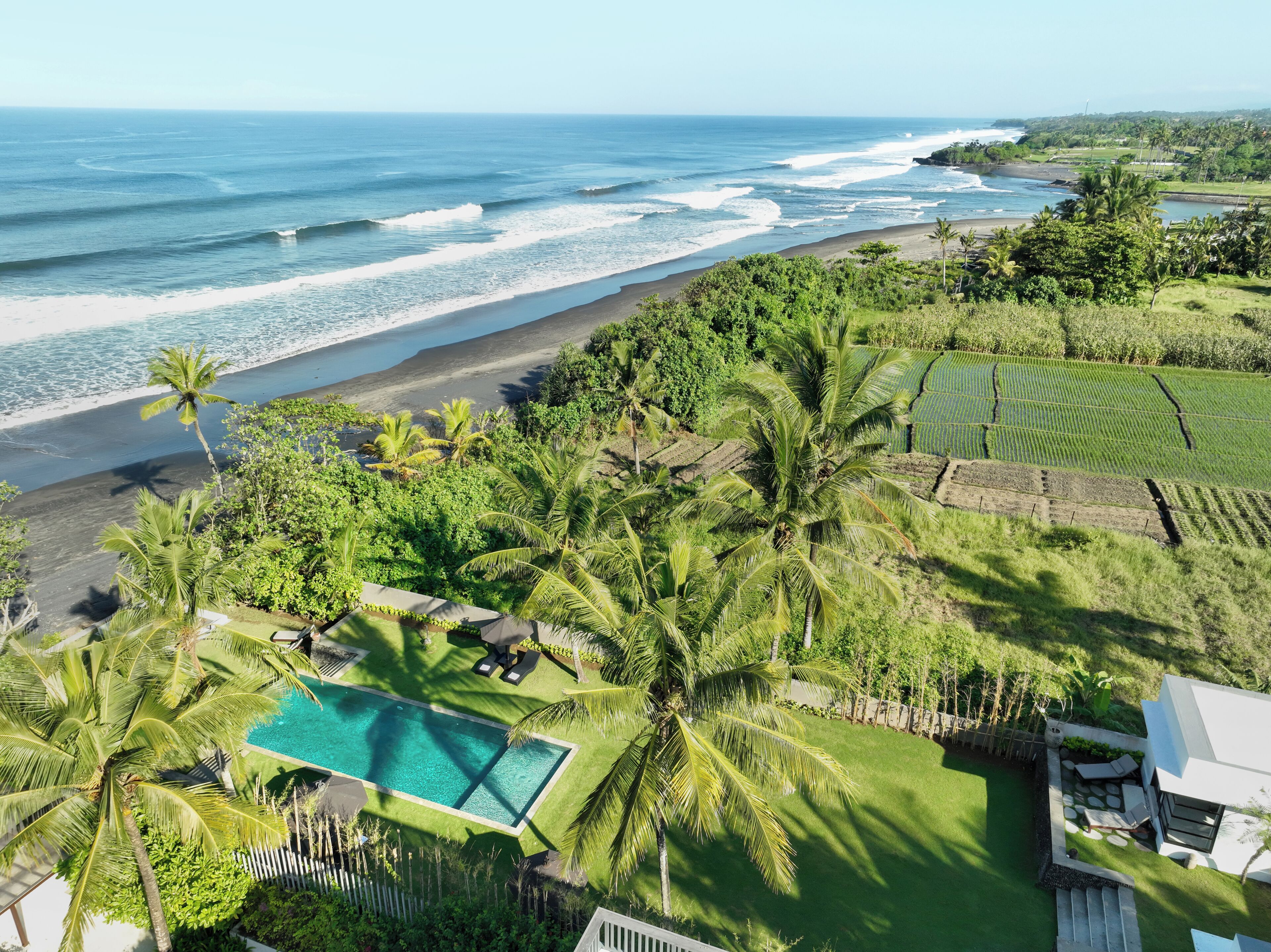 Una propiedad frente al mar con piscina, palmeras y vistas al océano.