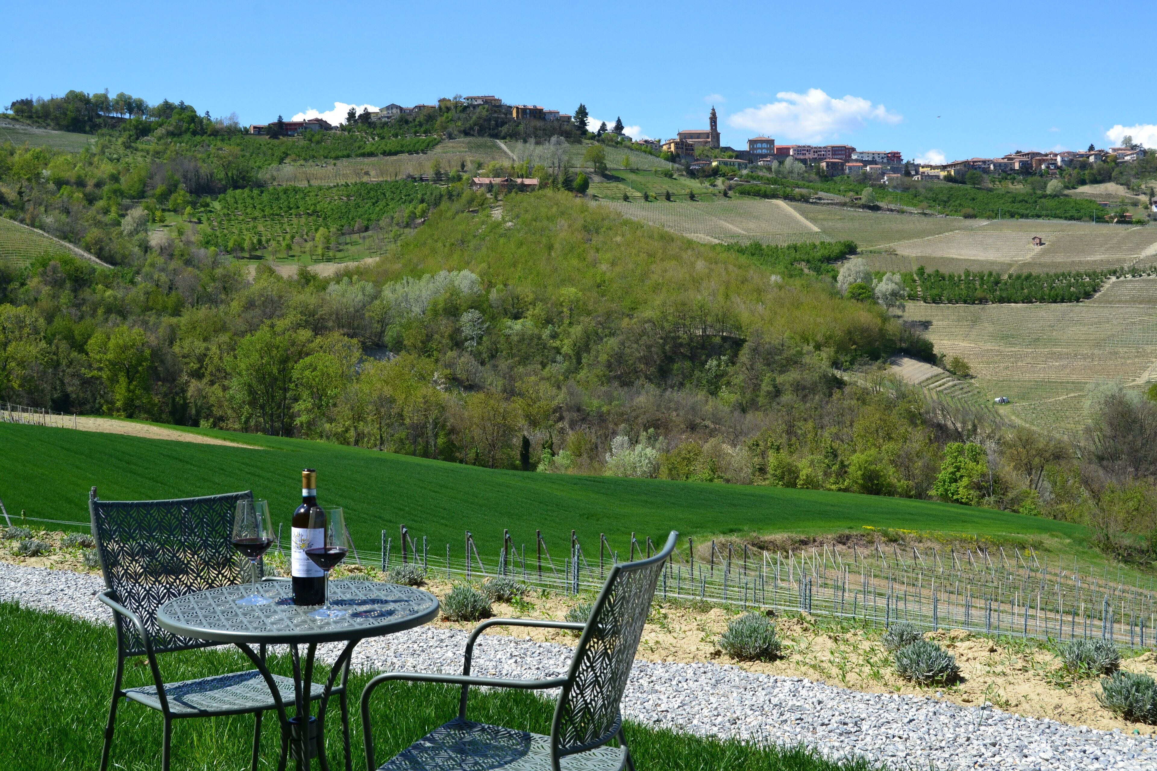 A table with chairs and a bottle of wine, set against a backdrop of a vineyard and a hillside with buildings.