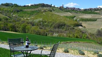 A table with chairs and a bottle of wine, set against a backdrop of a vineyard and a hillside with buildings.