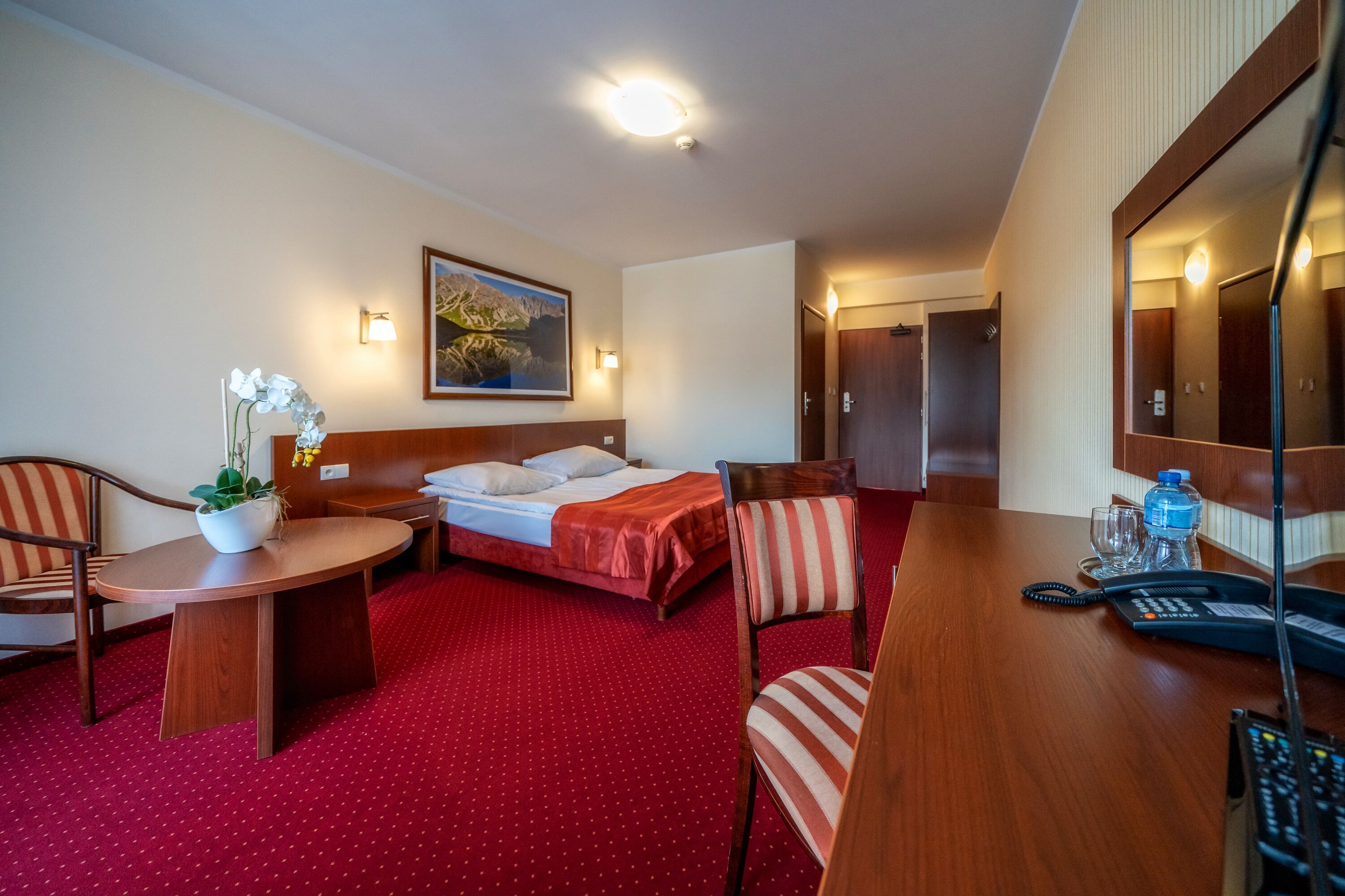 Una habitación de hotel con cama, escritorio con teléfono, silla, mesita con planta y un cuadro en la pared.