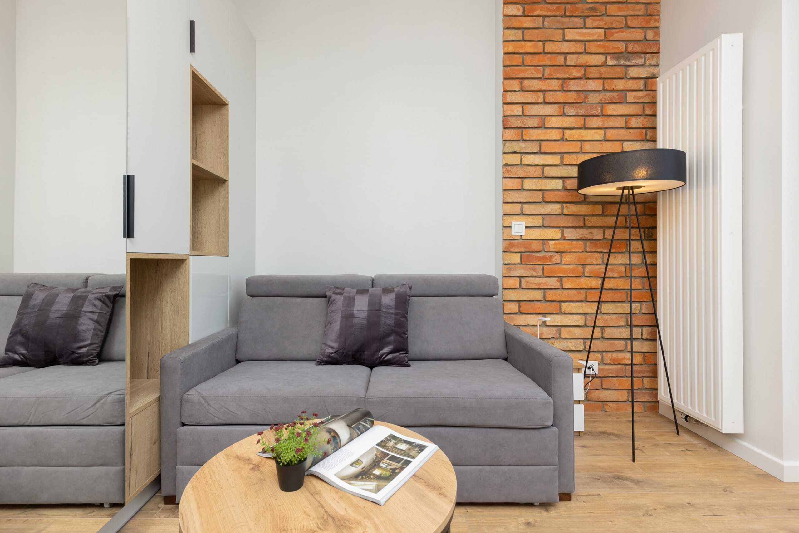 A modern living room with two grey sofas, a wooden coffee table with a magazine and a plant, and a floor lamp.