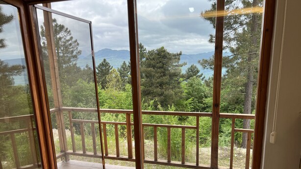 A balcony with a view of a forest and mountains.