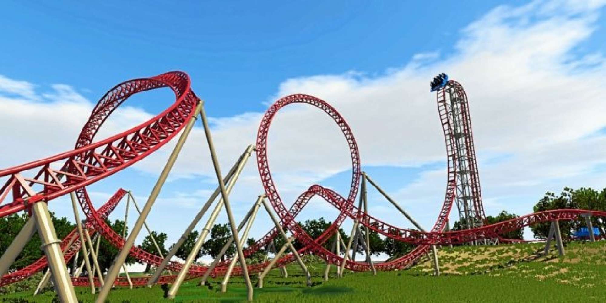 Una montaña rusa con varios bucles y una alta estructura en torre.