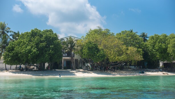 A beachfront property with a clear view of the ocean, a sandy beach, and lush green trees. - Thundi village and spa (Maalhos)