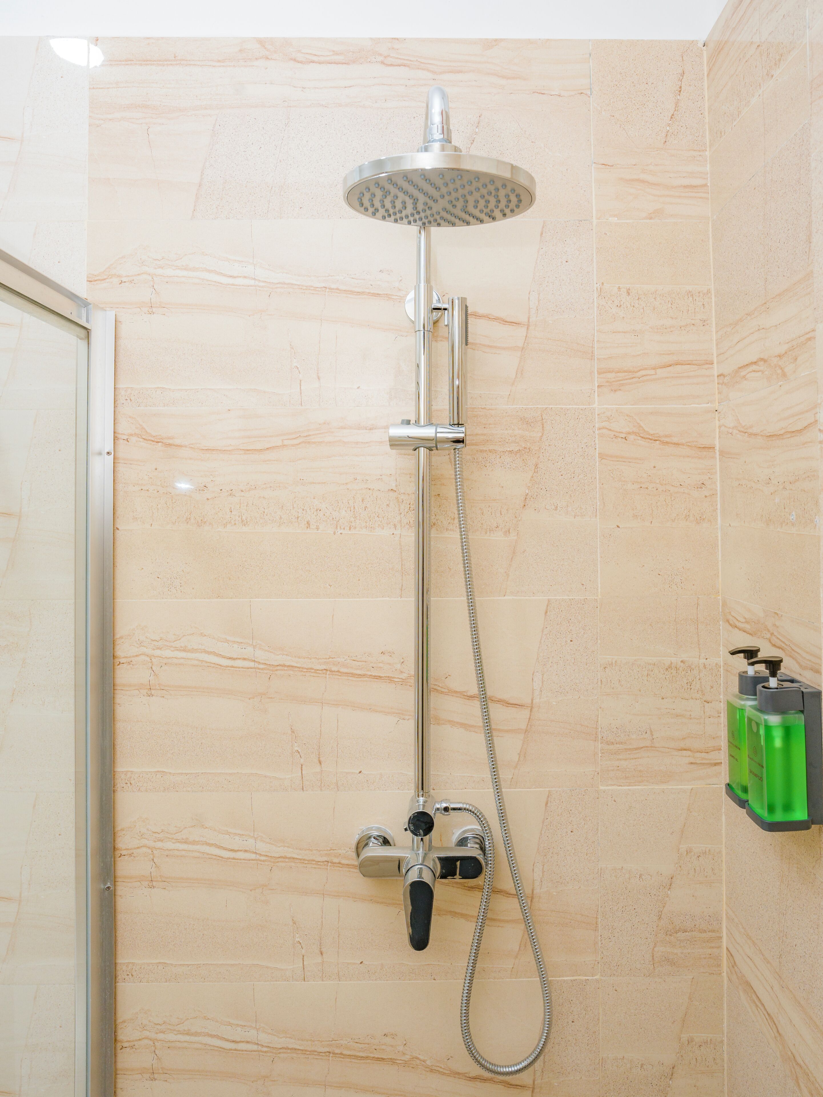 Shower, rainfall showerhead, hair dryer, bathrobes