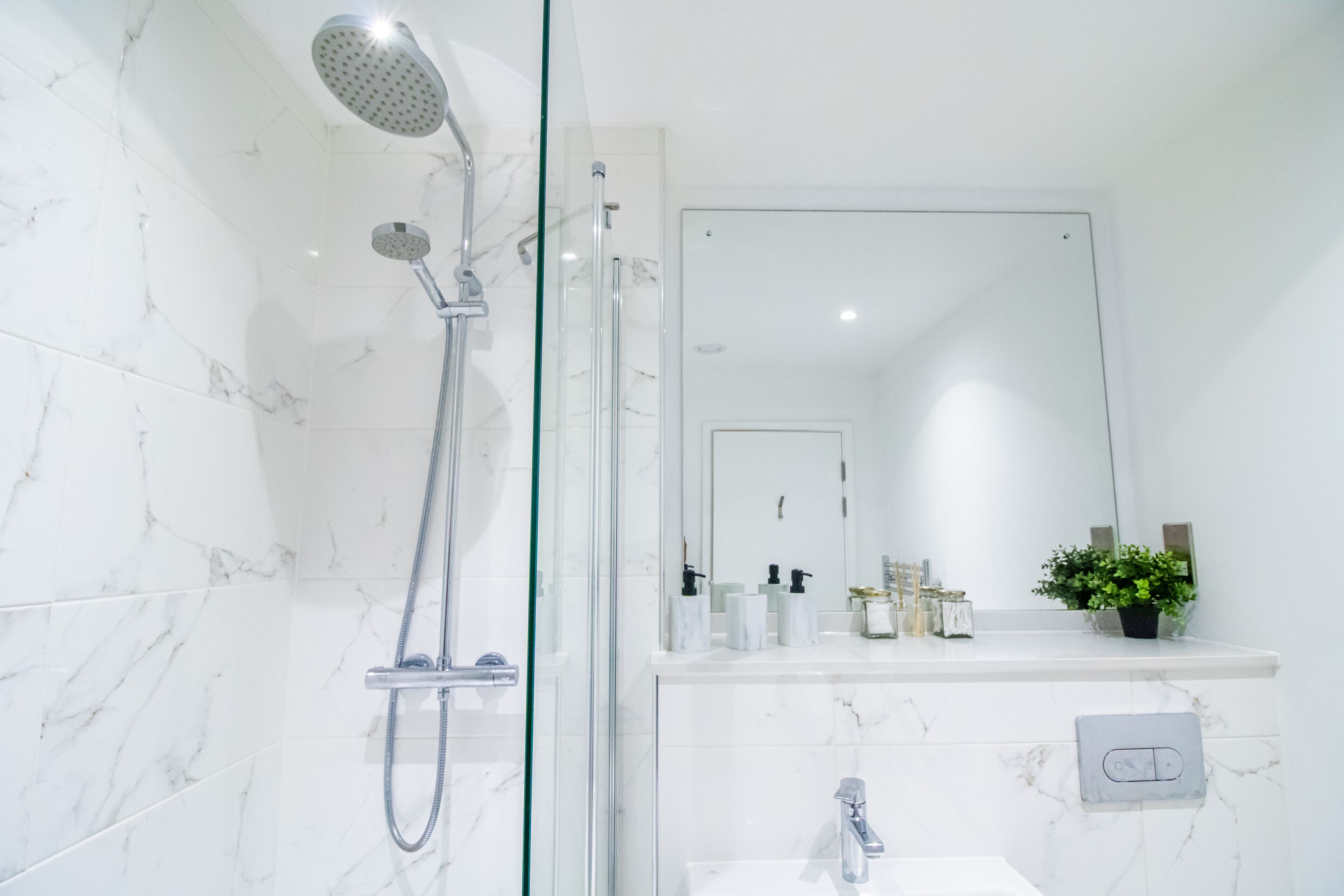 Shower, towels, soap, shampoo