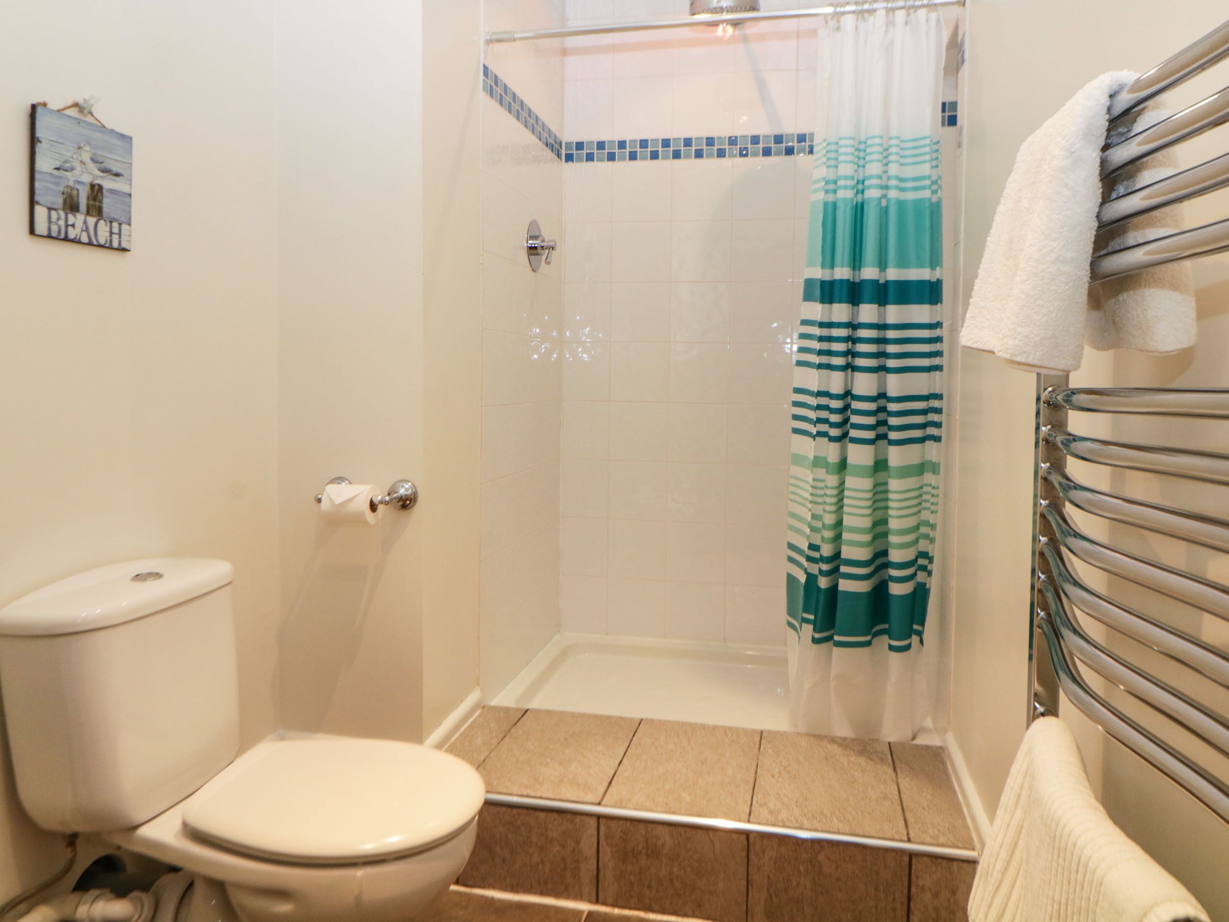 A bathroom with a toilet, shower, and towel rack.