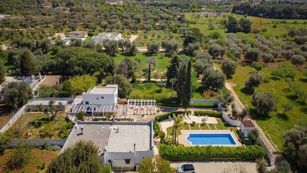 An aerial view of a residential area with a large house featuring a swimming pool, surrounded by olive groves and open fields. - 3367 Villa Parco Grande by Perle di Puglia (Carovigno)