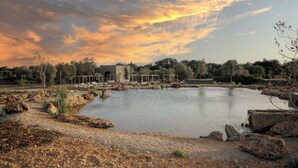 A serene outdoor setting with a pond, rocks, and a gazebo. - Masseria Cuturi (Manduria)