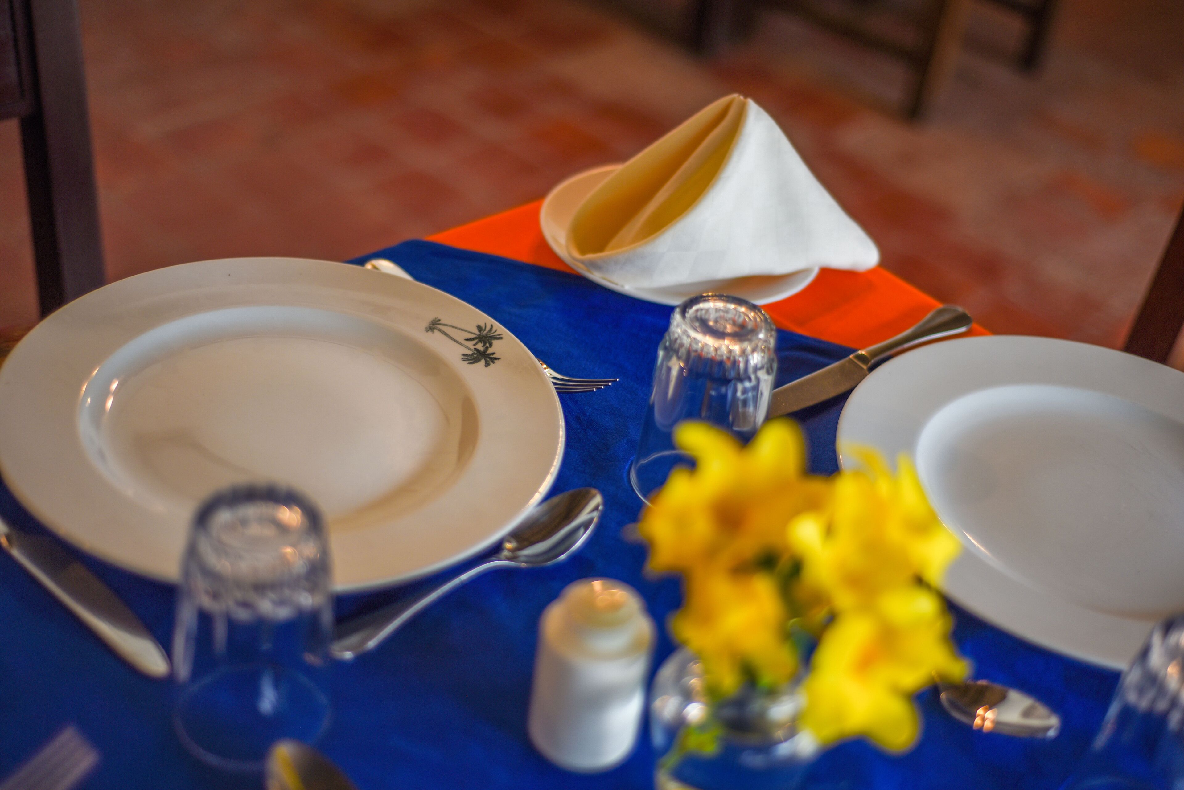 Una mesa dispuesta con platos, cubiertos, saleros y pimenteros, una copa y un jarrón con flores amarillas.