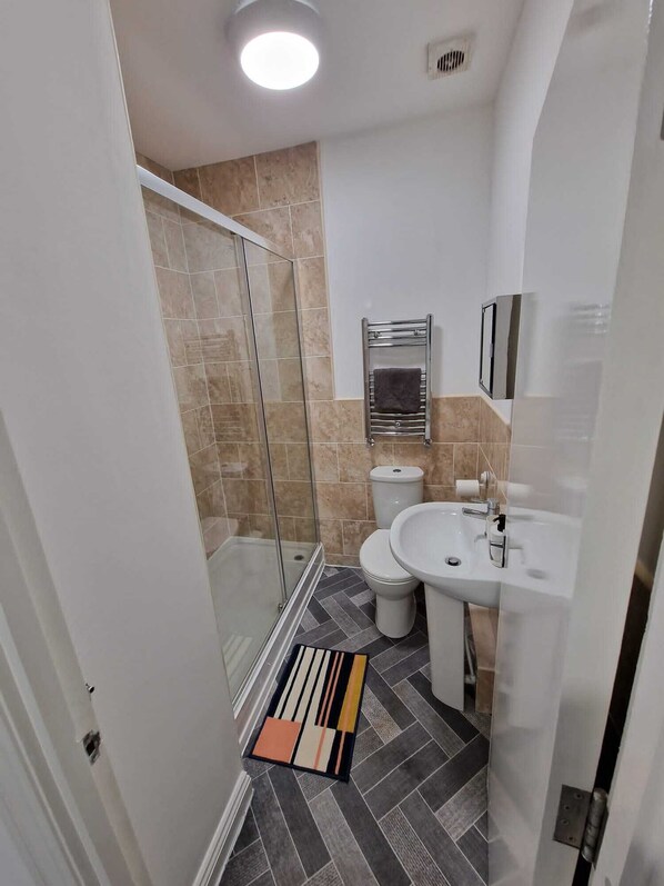 Shower, hair dryer, towels, toilet paper