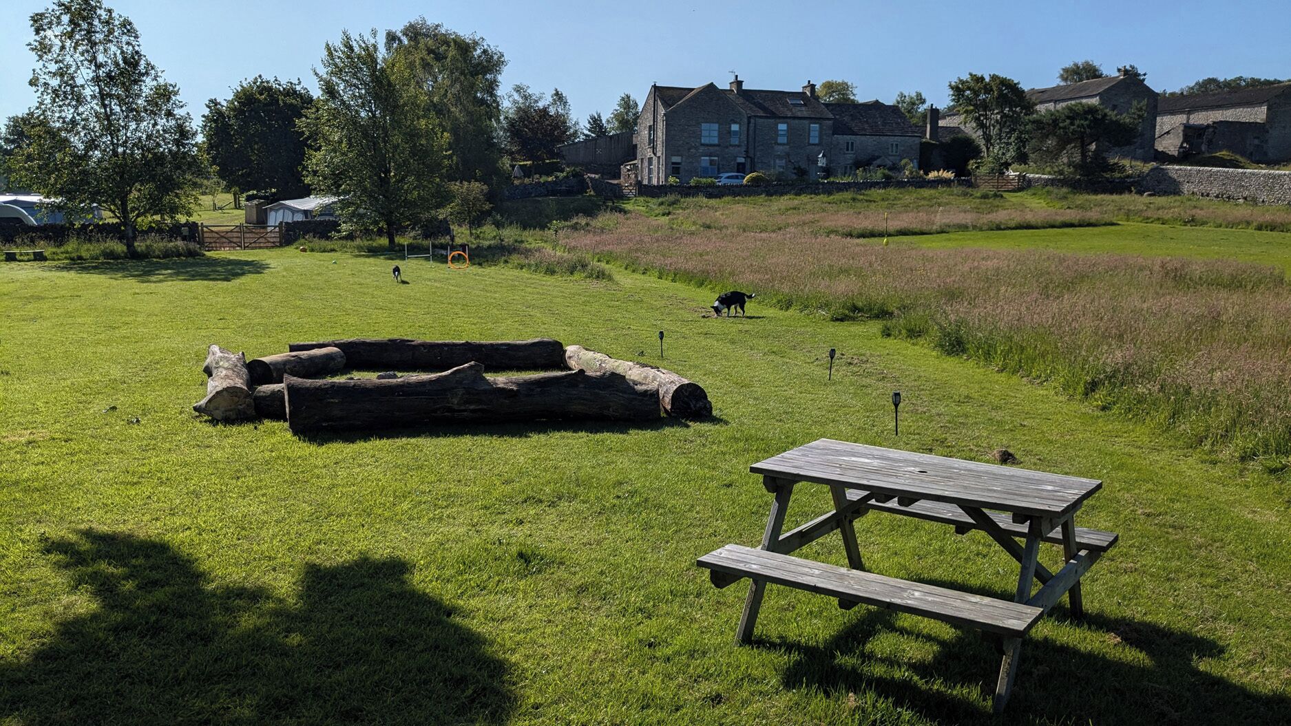 A grassy field with a picnic table and logs, surrounded by stone buildings and trees.