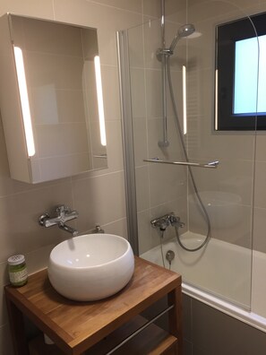 Shower, hair dryer, soap, toilet paper