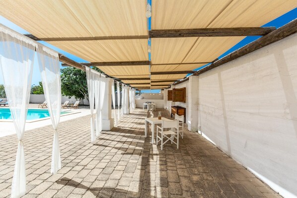 A covered outdoor seating area with brick flooring, white chairs, and a pool in the background.