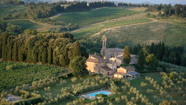 An aerial view of a rural property with a church, vineyard, and swimming pool.