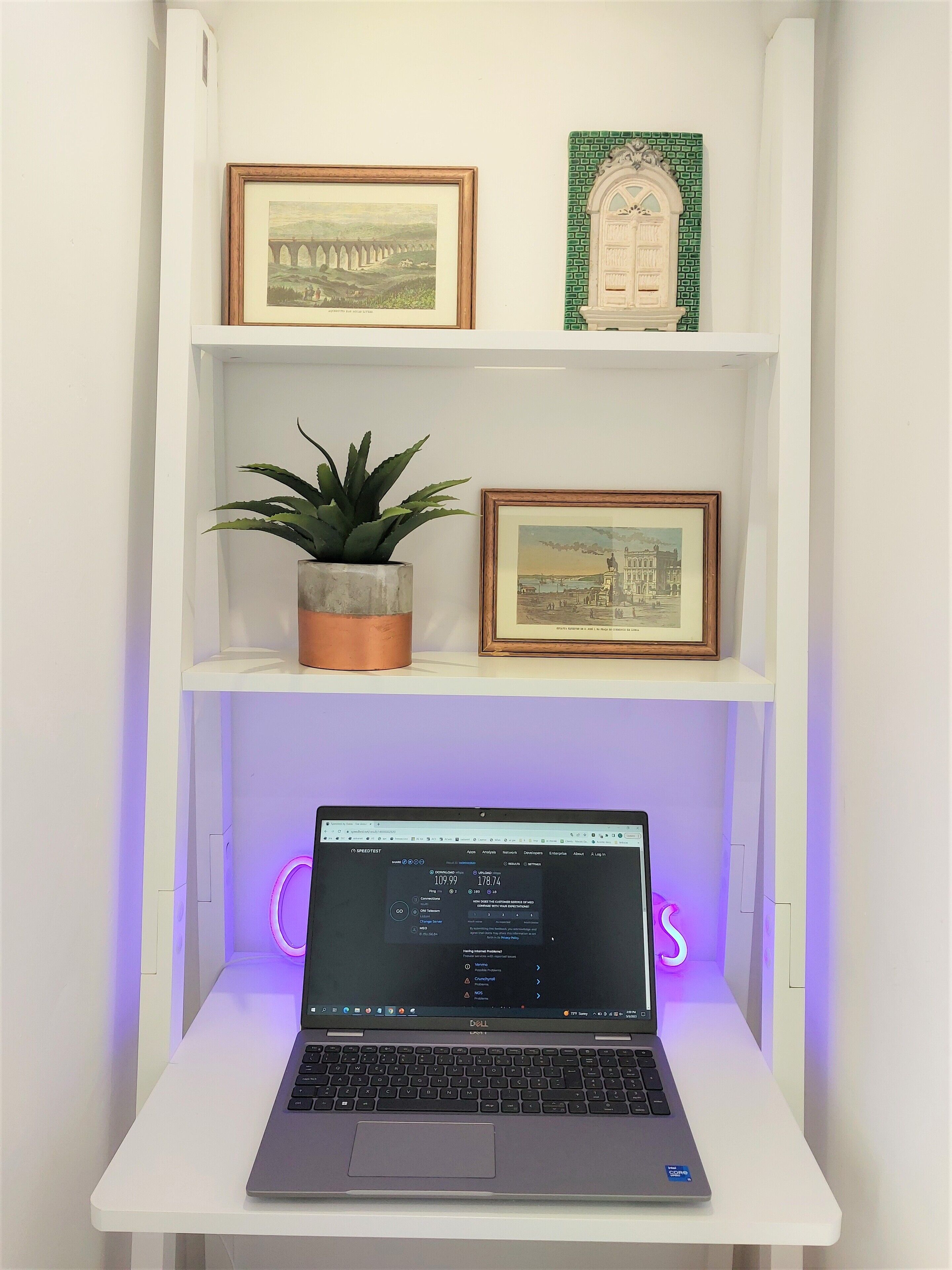 A white shelf with framed pictures, a potted plant, and a laptop with a neon light.