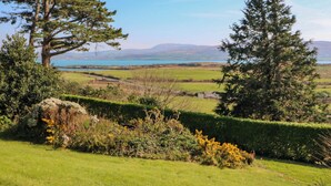 A landscape with a large tree, a hedge, and a distant view of a body of water and hills. - Whispering Pines (Glanlough)