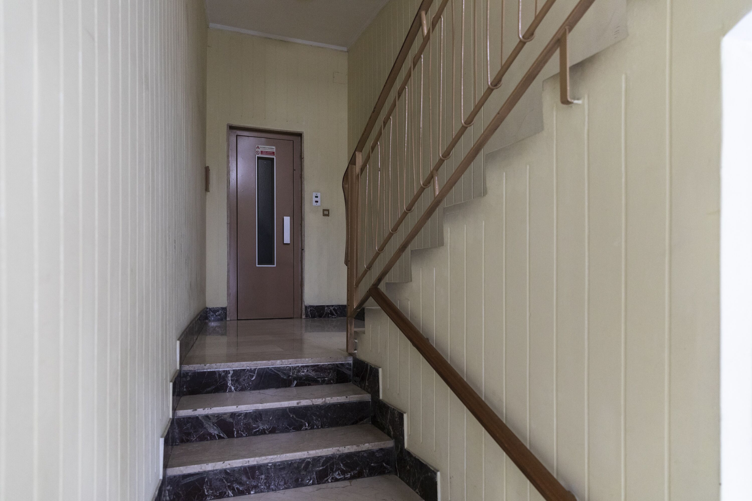 A staircase with marble steps leading to a door.