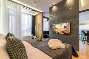 Departamento Gallery, vista a la ciudad | Ropa de cama de alta calidad y camas con efecto memoria 