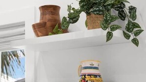 A kitchen with a microwave, a decorative vase, and a plant on the shelf.