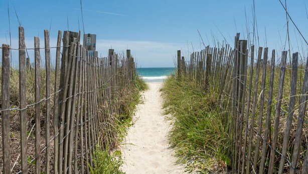 A sandy path flanked by wooden posts and barbed wire, leading to a beach.