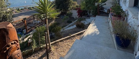 A balcony with a view of the sea, a wooden fence, and potted plants.