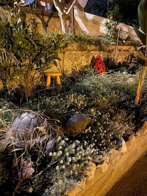 Un jardín con diversas plantas, rocas y un pequeño taburete de madera.