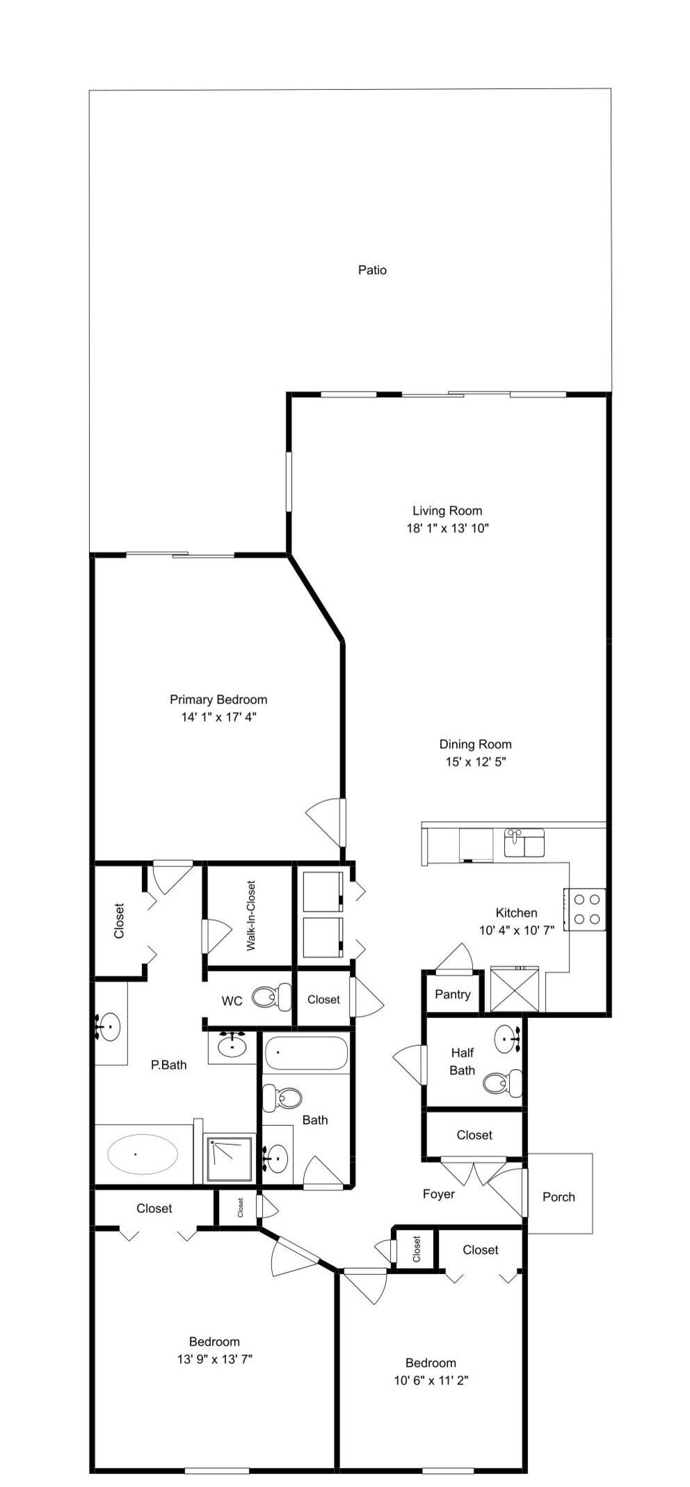 A floor plan of a house with a patio, living room, dining room, kitchen, multiple bedrooms, bathrooms, closets, and a foyer.