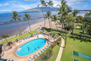 A swimming pool with lounge chairs, palm trees, and a view of the beach and ocean.