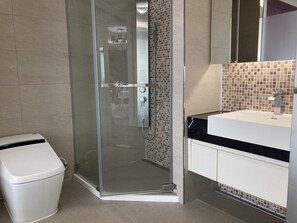Shower, hair dryer, towels, soap