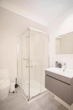 Shower, hair dryer, towels