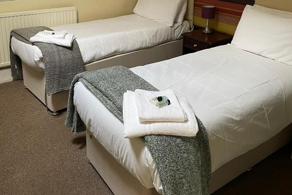 A hotel room with two single beds, each with a white comforter and a gray blanket. There is a wooden nightstand with a lamp, a radiator under the window, and two framed pictures on the wall.
