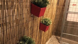 Un mur en bambou agrémenté de trois jardinières rouges contenant des plantes vertes.