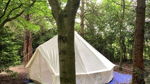 A dome-shaped tent set up in a forested area with a blue tarp on the ground. - Woodlands Basic Bell Tent (Grantham)