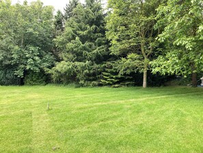 A well-maintained grassy area with a variety of trees, including conifers and deciduous trees, providing a natural setting. - Woodlands Basic Bell Tent 2 (Grantham)