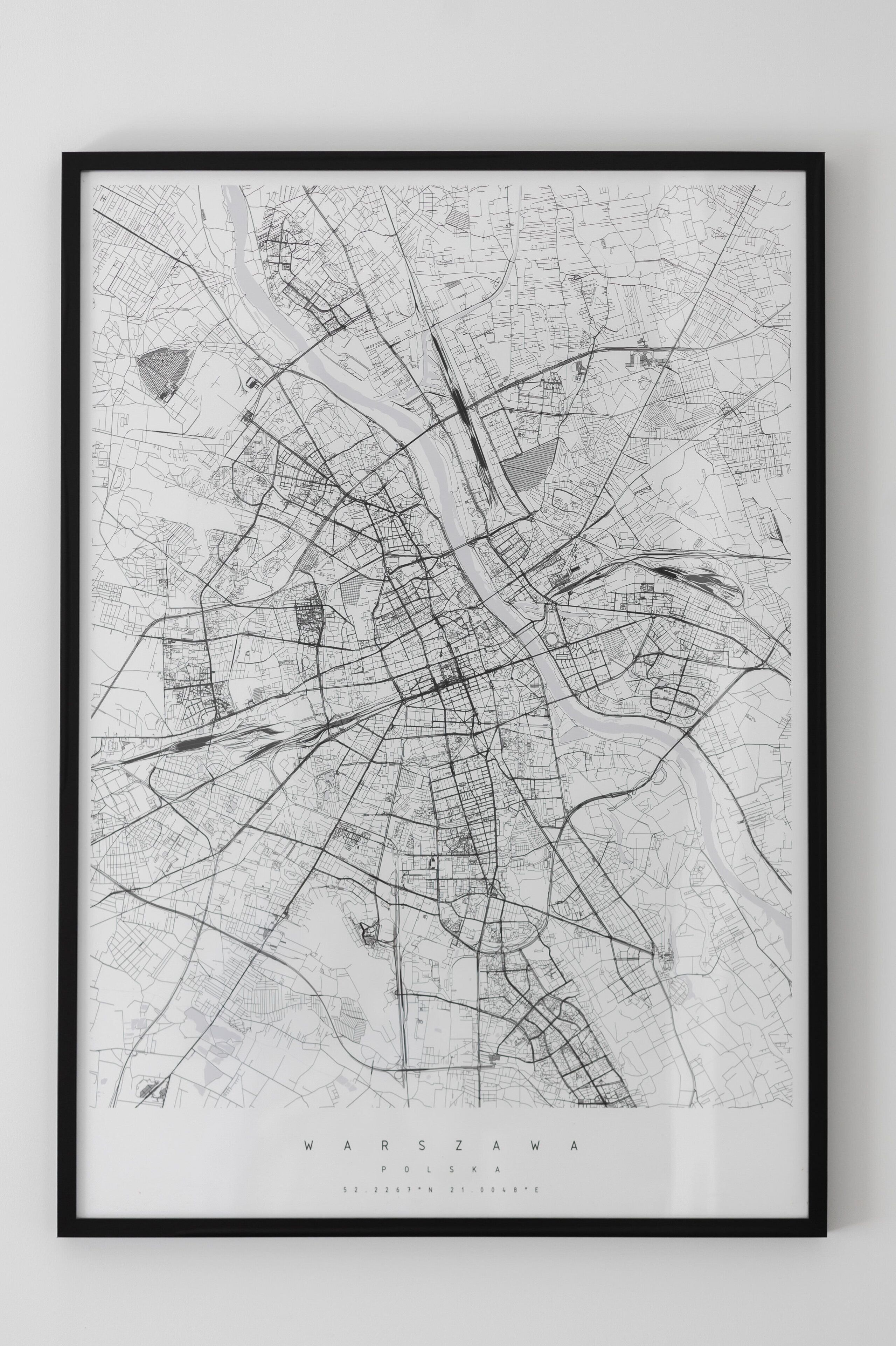 Mapa enmarcado de Varsovia que destaca calles y puntos de referencia.