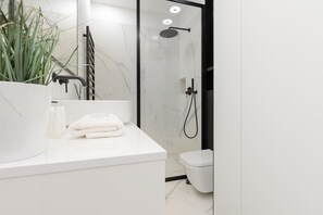Shower, free toiletries, hair dryer, towels