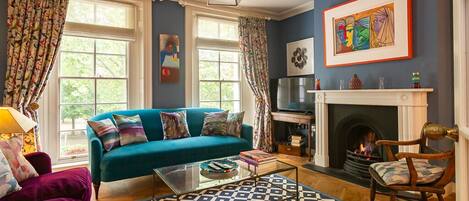 TV connectée, cheminée, livres, chaßne hi-fi