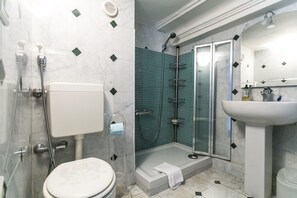 Hair dryer, towels, soap