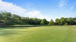 A golf course with a well-maintained green, trees, and a clear sky.