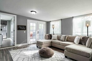 Smart TV, fireplace, books
