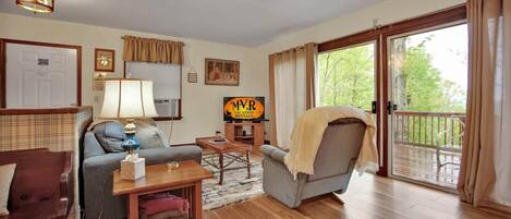 A living room with a sofa, armchair, coffee table, and a television. There is a ceiling fan, a window with curtains, and a door.