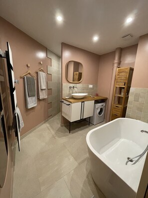 Hair dryer, towels, soap, shampoo