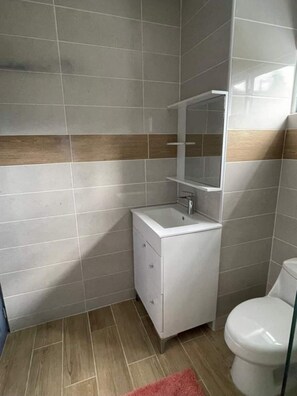 Douche, serviettes fournies, papier toilette