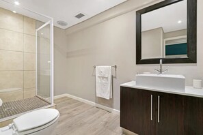 A modern bathroom with a glass shower enclosure, a white toilet, a dark wooden vanity with a white sink, and a large mirror. - 2 BD Penthouse in the Heart of the Mother City (Cape Town)