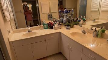 Hair dryer, towels, soap, toilet paper