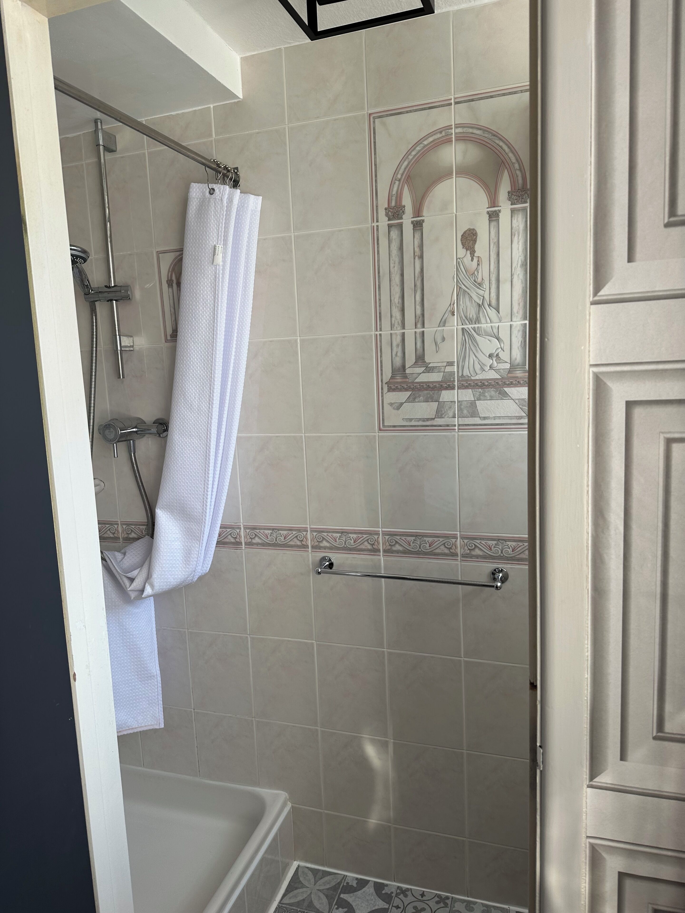 A bathroom with a shower, a bathtub, and a towel rack.